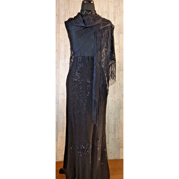 Qian Cai Woman Outfit SZ 15 Black long Elaborate Skirt Crochet Shaw Bead Choker - Picture 5 of 16